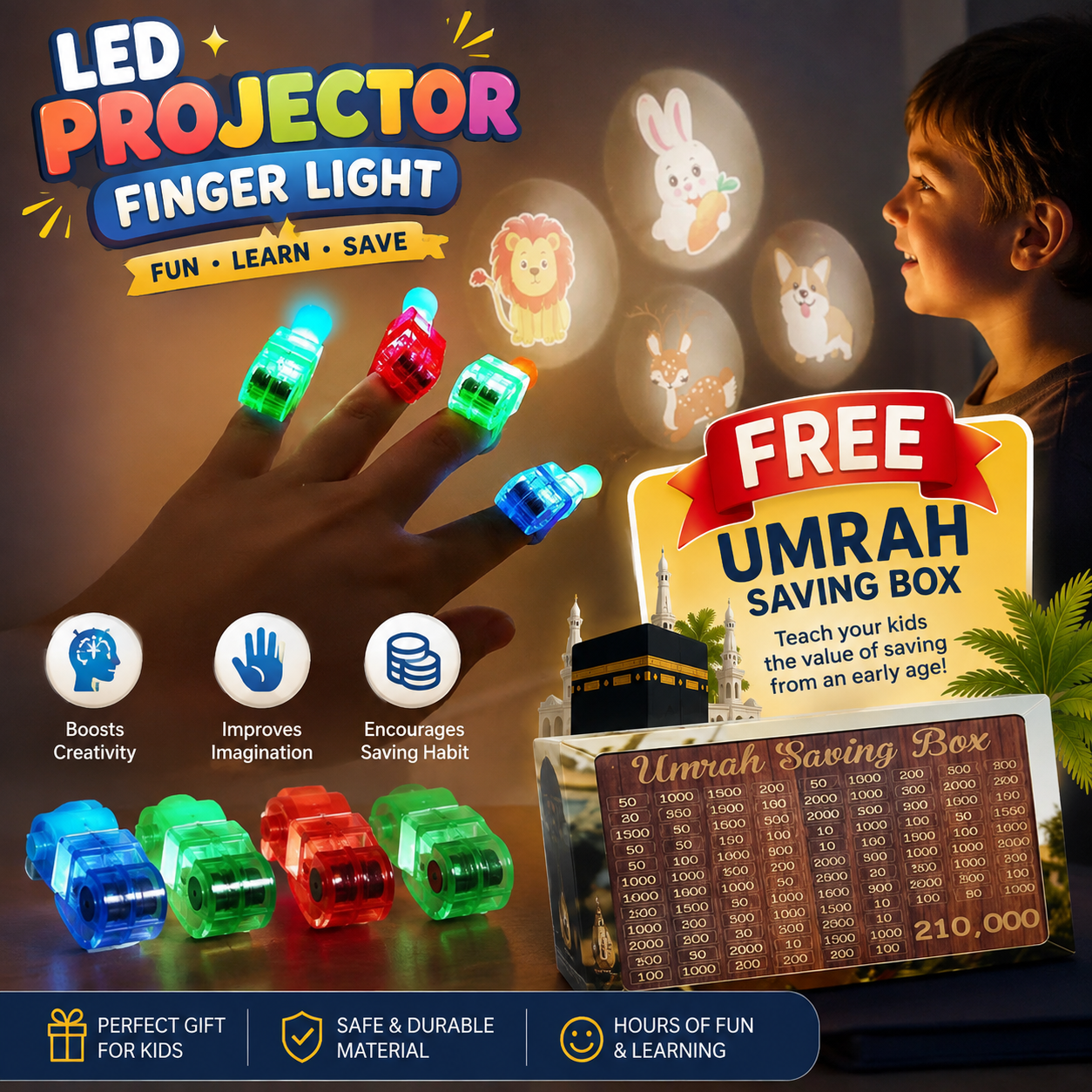 LED Projector Finger Light + FREE Umrah Saving Box 🎁